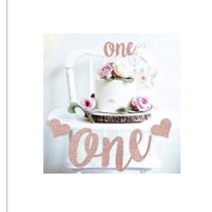 First Birthday number One banner and cake topper rose gold